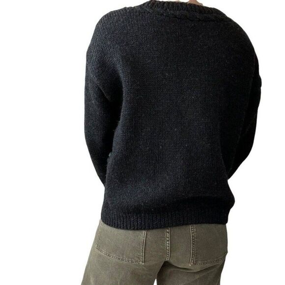 Vintage 1980s Boston Traders Black Wool Chunky Floral Embroidered Cardigan Sz M - Picture 6 of 8